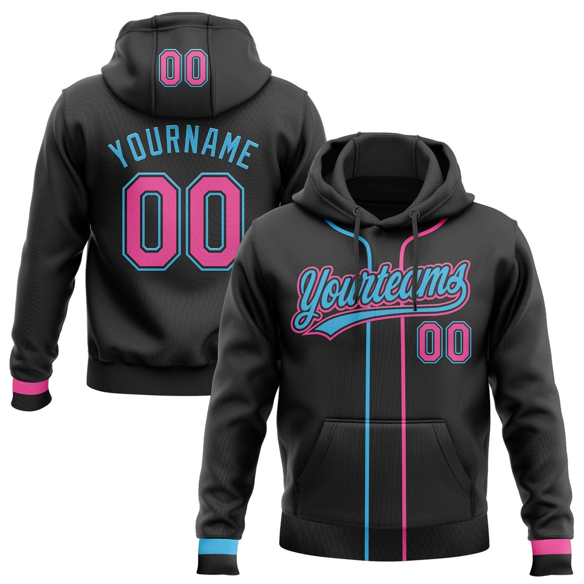 Custom Stitched Black Pink-Sky Blue Baseball Pullover Sweatshirt Hoodie photo 1