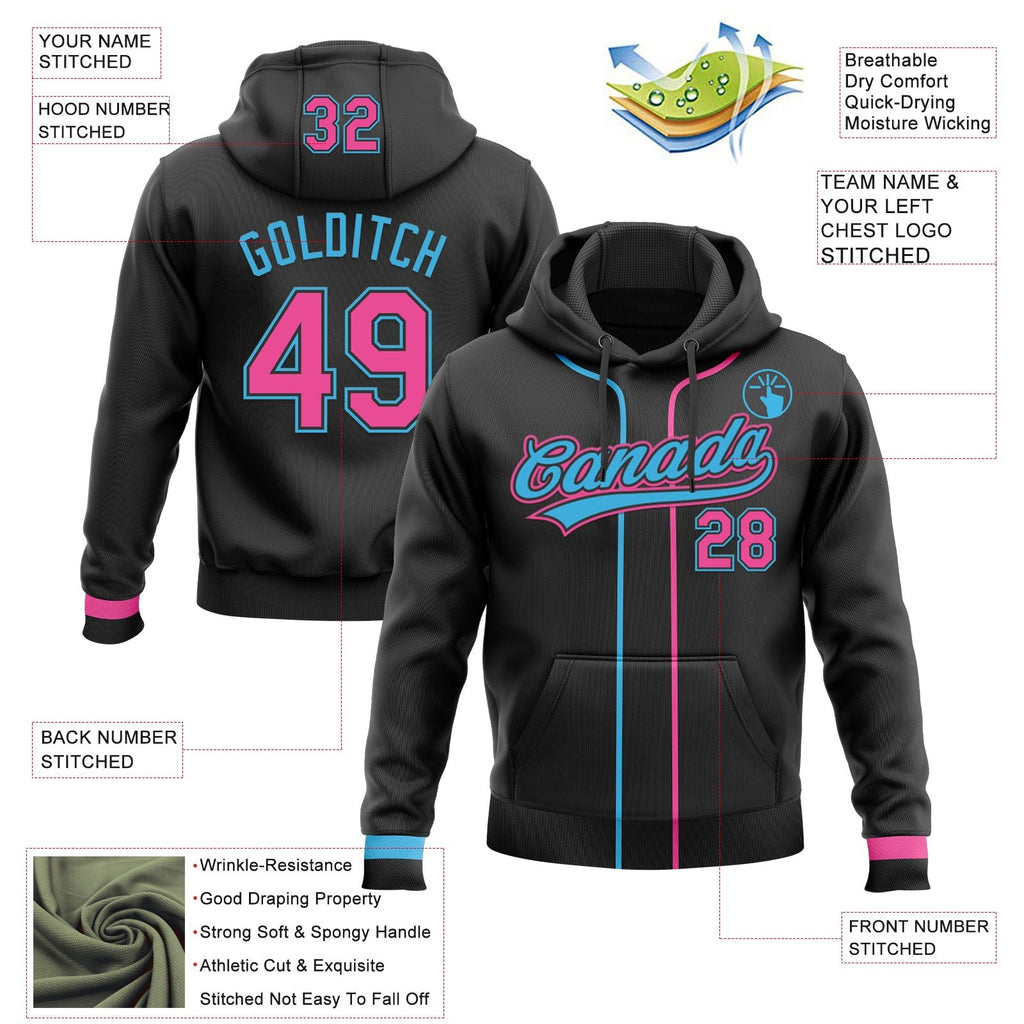 Custom Stitched Black Pink-Sky Blue Baseball Pullover Sweatshirt Hoodie photo 2