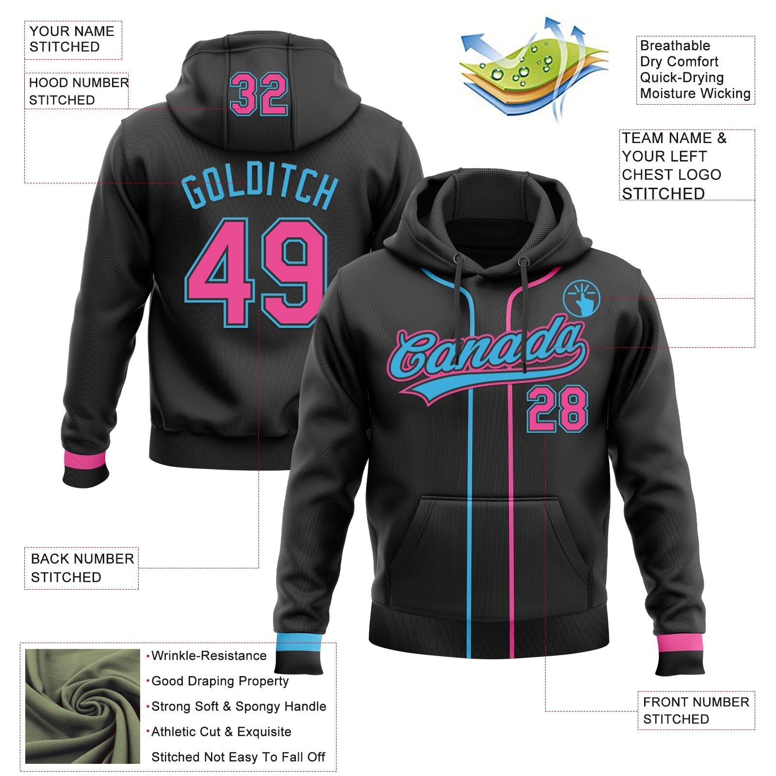 Custom Stitched Black Pink-Sky Blue Baseball Pullover Sweatshirt Hoodie photo 2