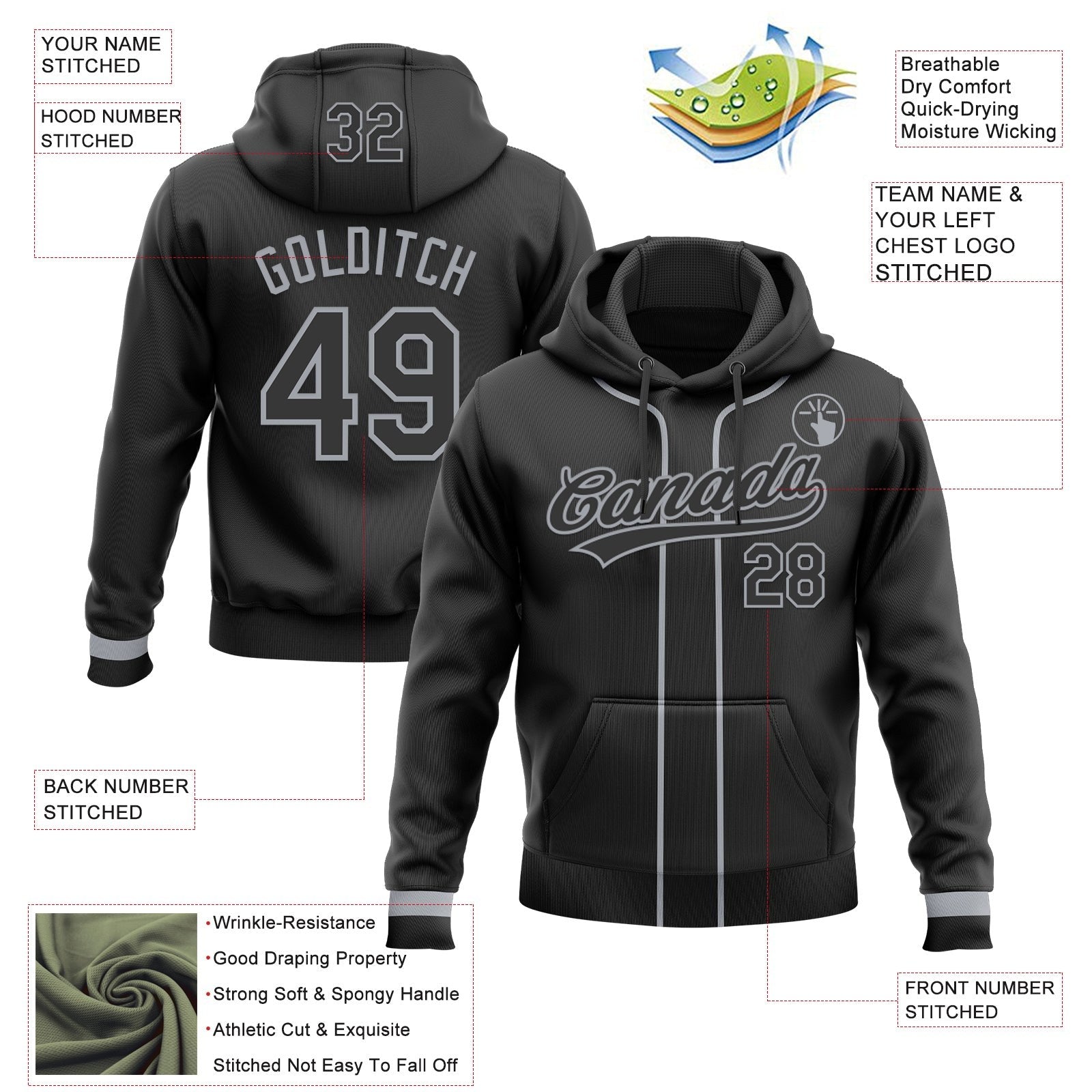 Custom Stitched Black Gray Baseball Pullover Sweatshirt Hoodie photo 2
