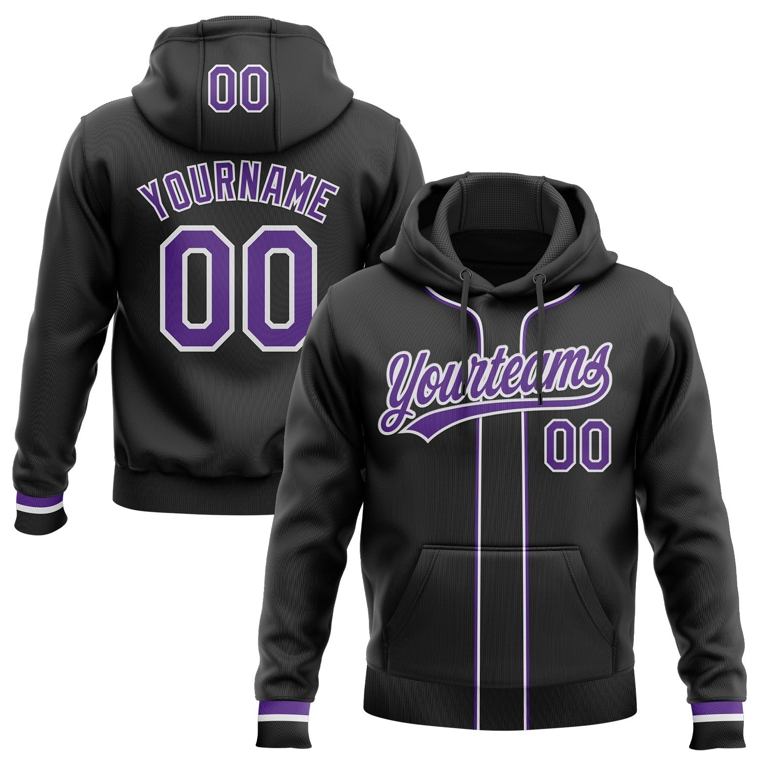 Custom Stitched Black Purple-White Baseball Pullover Sweatshirt Hoodie photo 1