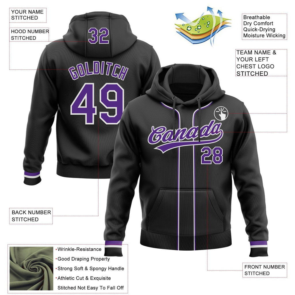 Custom Stitched Black Purple-White Baseball Pullover Sweatshirt Hoodie photo 2