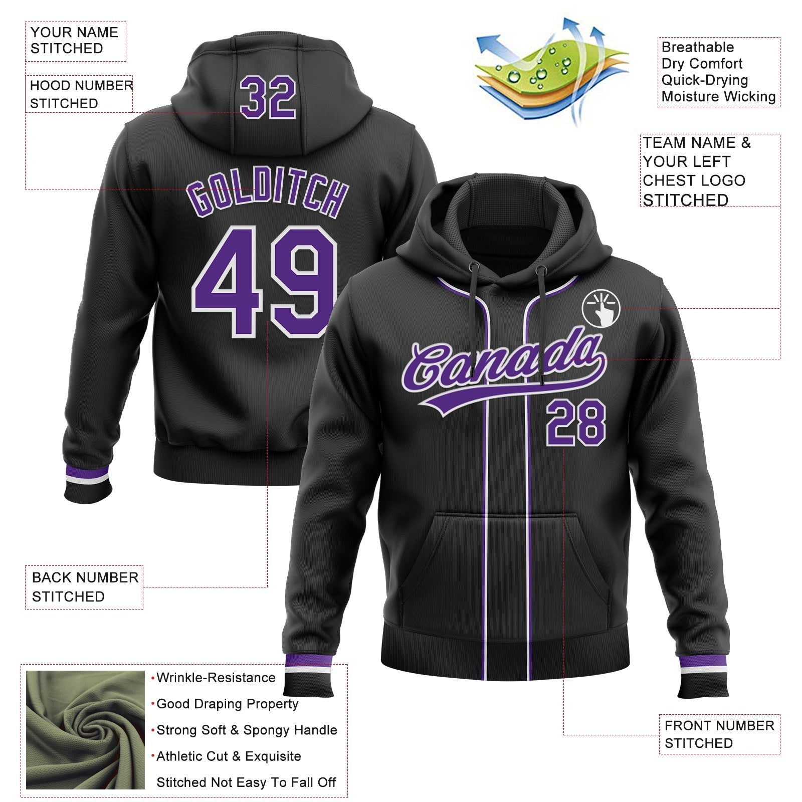 Custom Stitched Black Purple-White Baseball Pullover Sweatshirt Hoodie photo 2