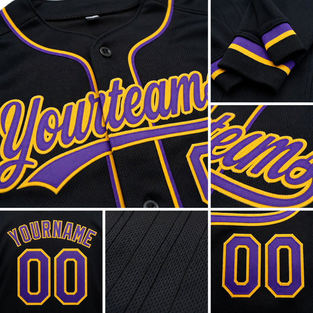 Custom Stitched Black Purple-Gold Baseball Pullover Sweatshirt Hoodie detail