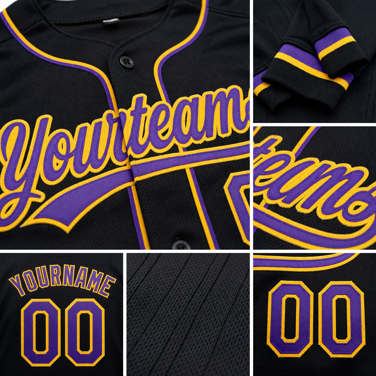 Custom Stitched Black Purple-Gold Baseball Pullover Sweatshirt Hoodie detail