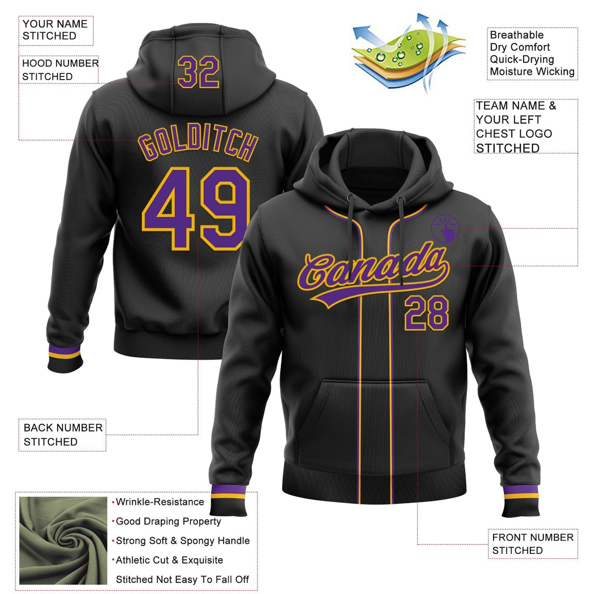 Custom Stitched Black Purple-Gold Baseball Pullover Sweatshirt Hoodie photo 2