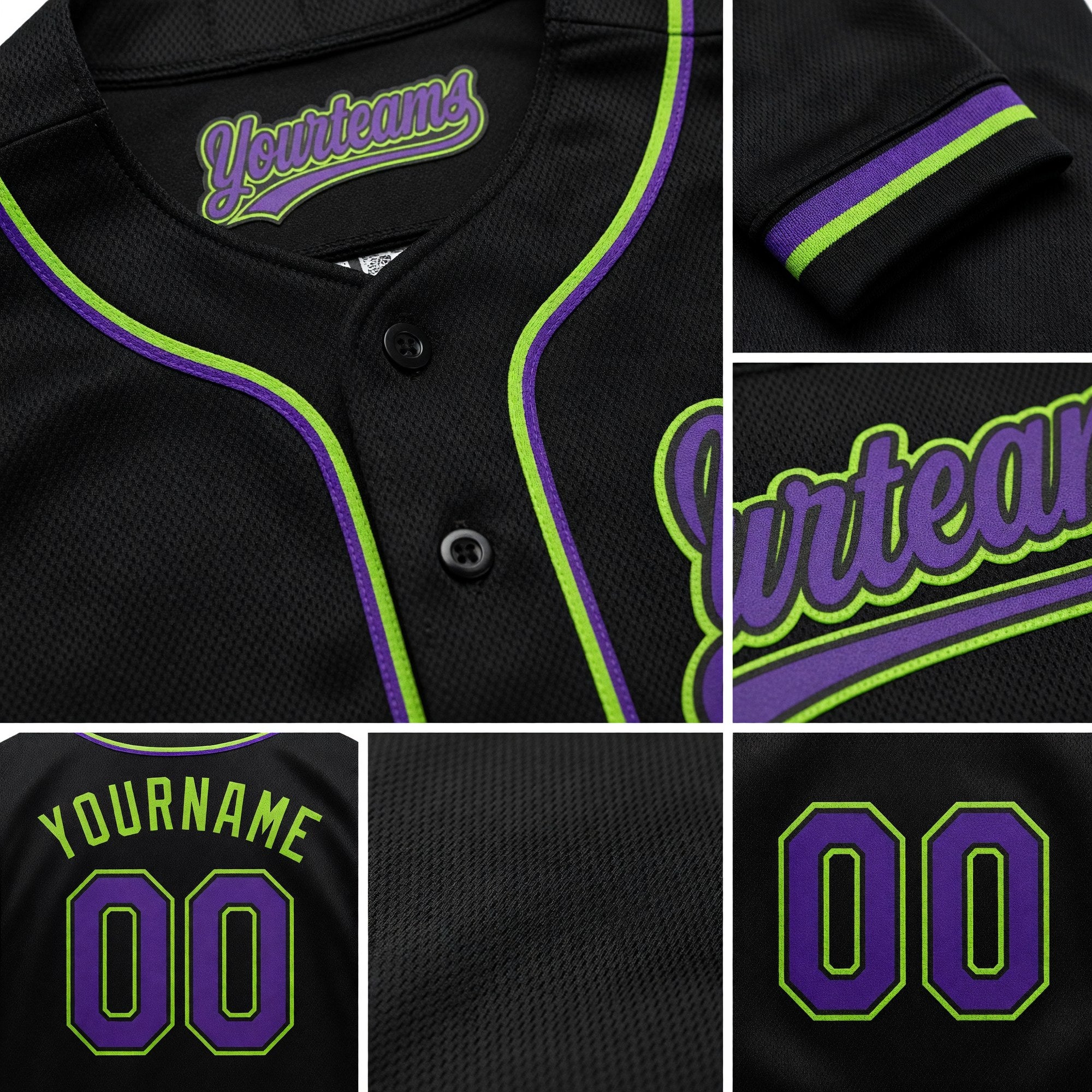 Custom Stitched Black Purple-Neon Green Baseball Pullover Sweatshirt Hoodie detail