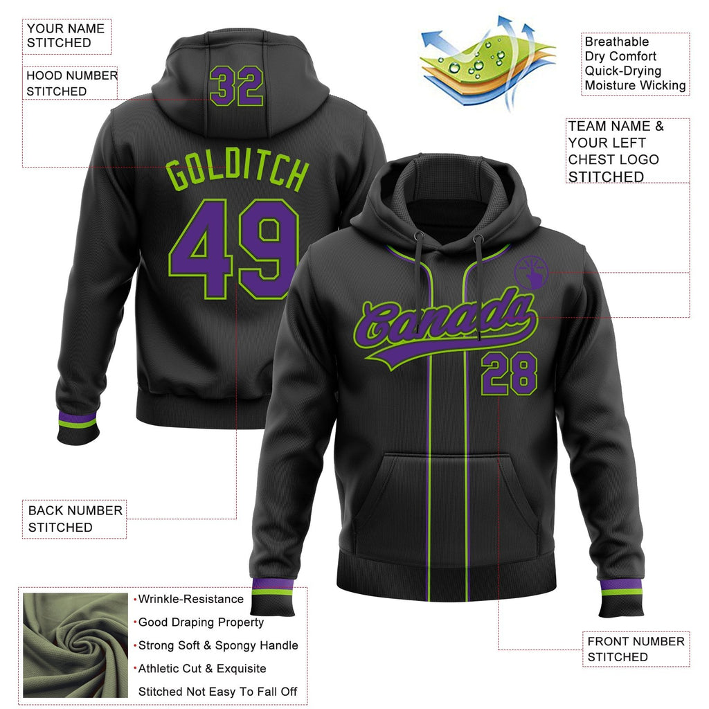 Custom Stitched Black Purple-Neon Green Baseball Pullover Sweatshirt Hoodie photo 2