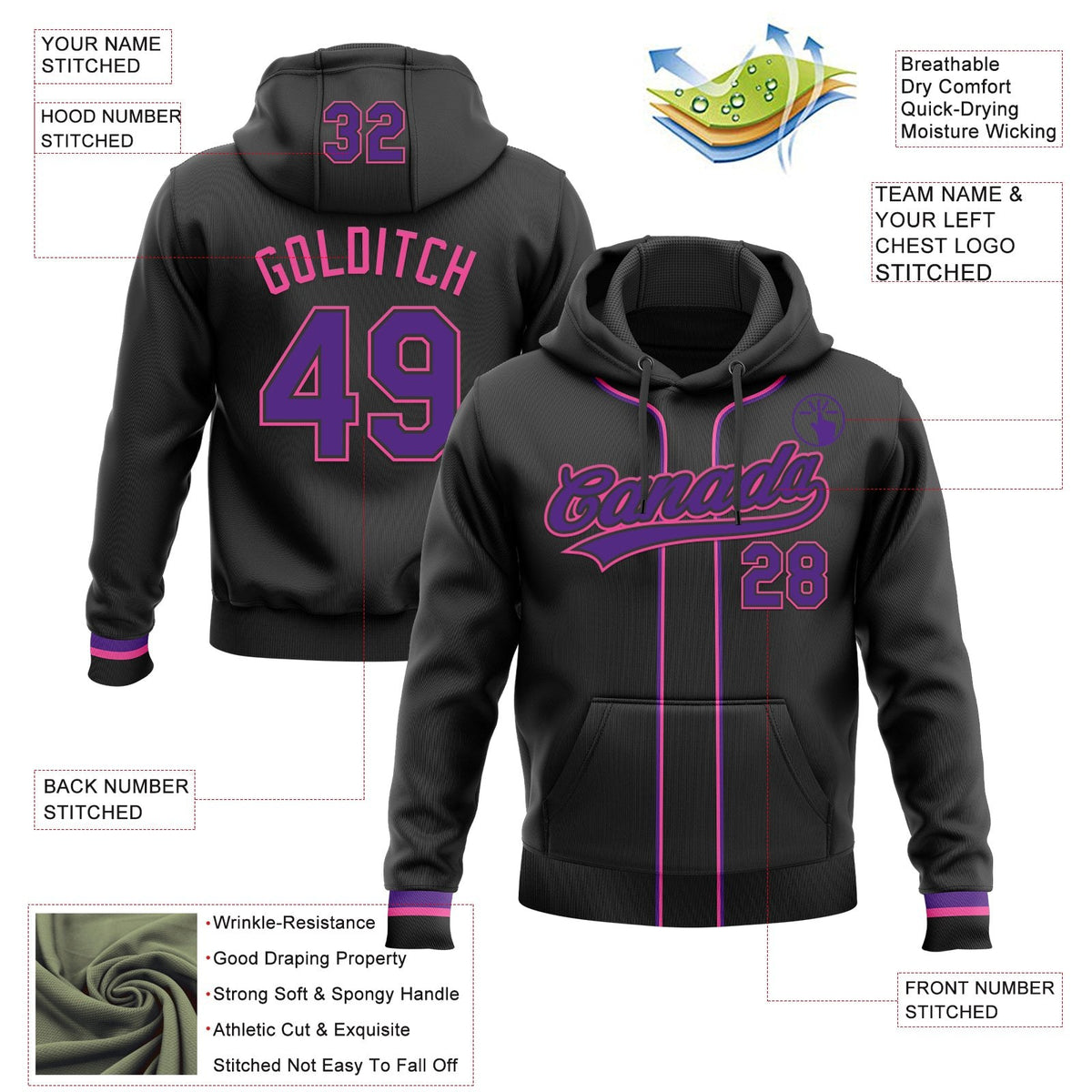 Custom Stitched Black Purple-Pink Baseball Pullover Sweatshirt Hoodie photo 2