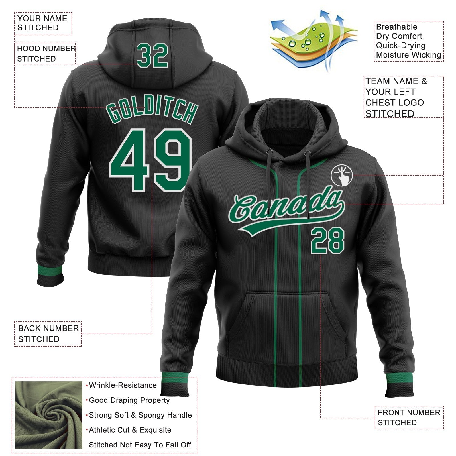 Custom Stitched Black Kelly Green-White Baseball Pullover Sweatshirt Hoodie photo 2