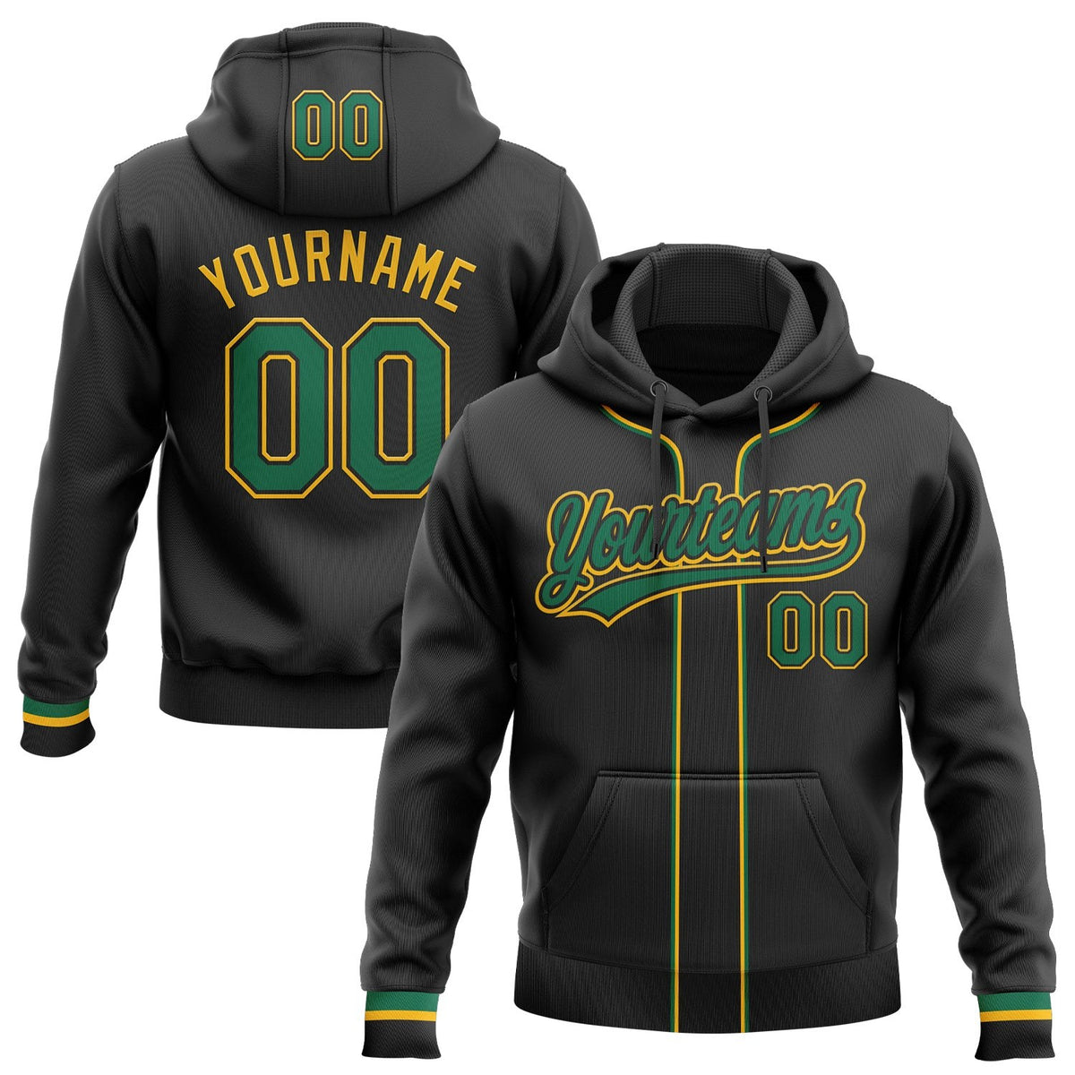 Custom Stitched Black Kelly Green-Gold Baseball Pullover Sweatshirt Hoodie photo 1