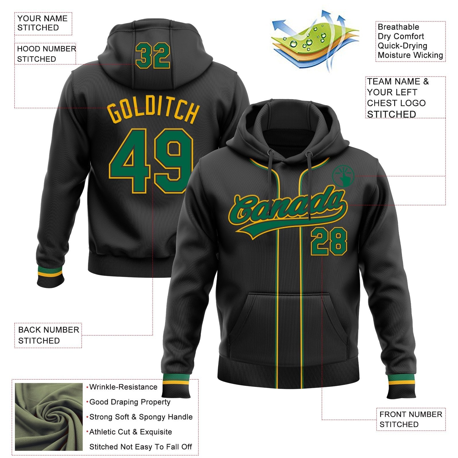 Custom Stitched Black Kelly Green-Gold Baseball Pullover Sweatshirt Hoodie photo 2