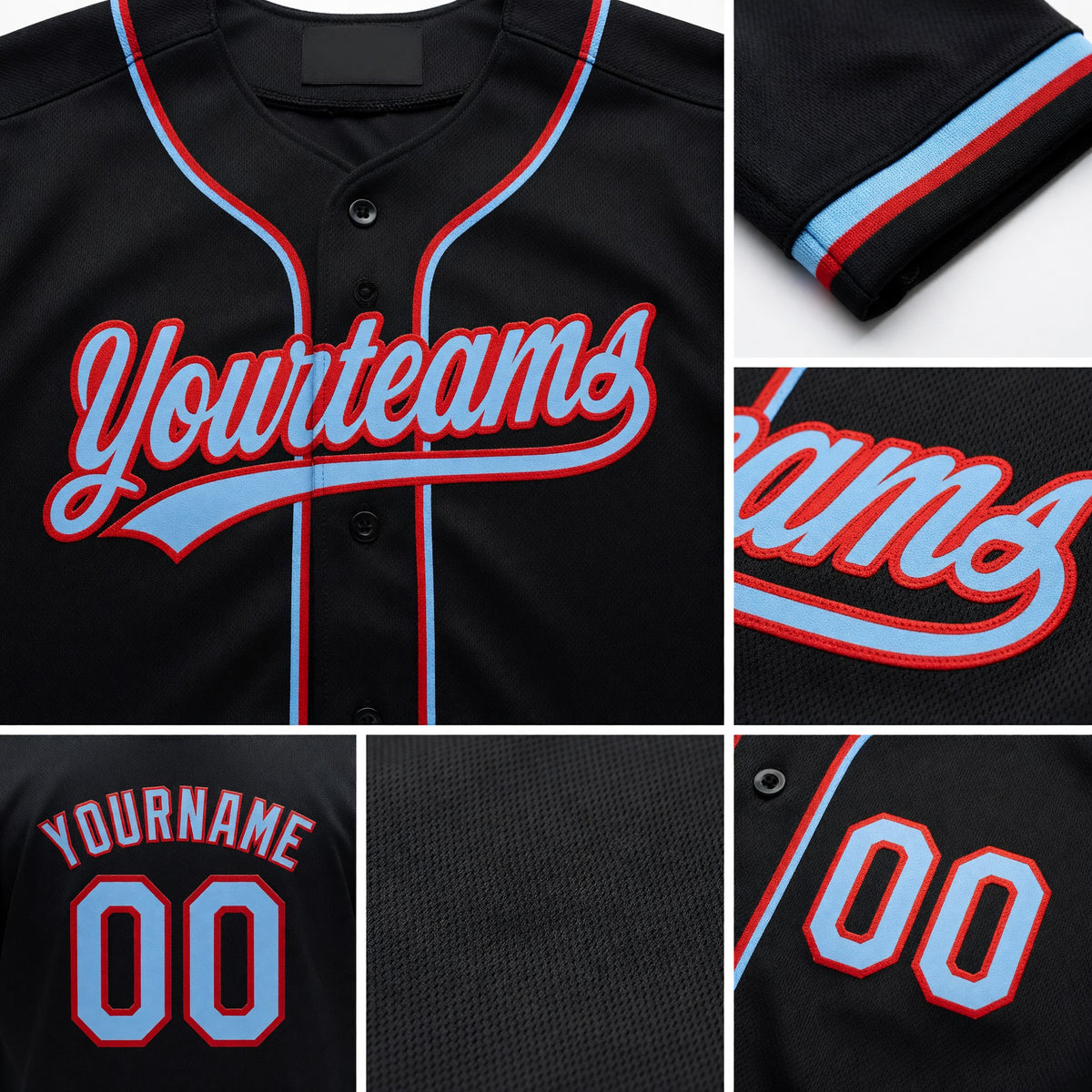 Custom Stitched Black Light Blue-Red Baseball Pullover Sweatshirt Hoodie detail