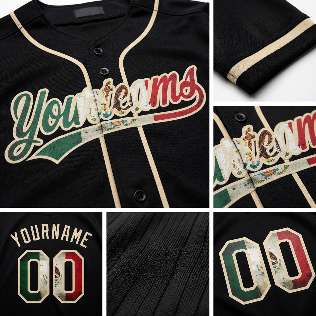 Custom Stitched Black Vintage Mexican Flag-Cream Baseball Pullover Sweatshirt Hoodie detail