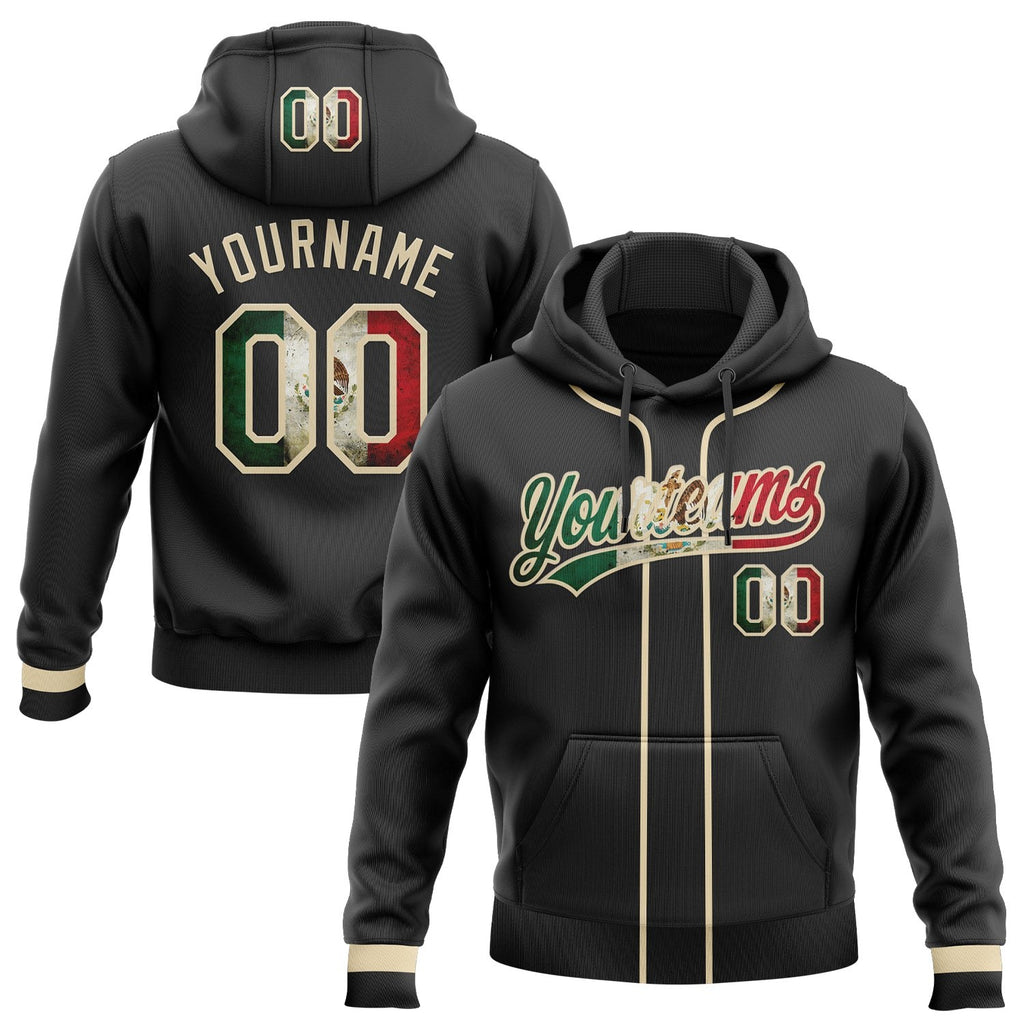 Custom Stitched Black Vintage Mexican Flag-Cream Baseball Pullover Sweatshirt Hoodie photo 1