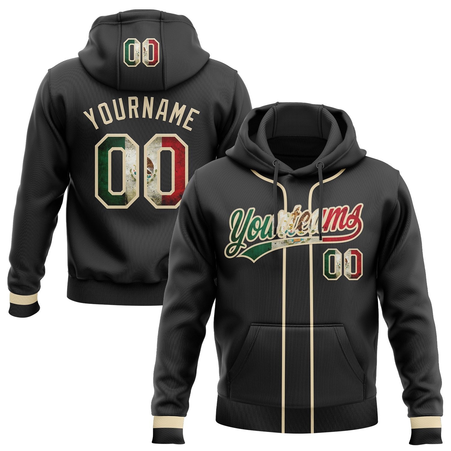Custom Stitched Black Vintage Mexican Flag-Cream Baseball Pullover Sweatshirt Hoodie photo 1