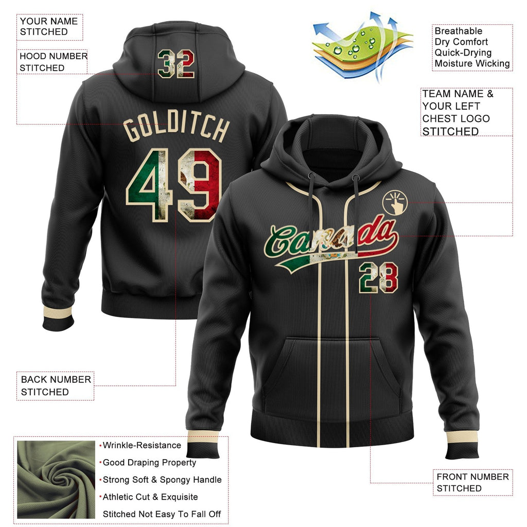 Custom Stitched Black Vintage Mexican Flag-Cream Baseball Pullover Sweatshirt Hoodie photo 2