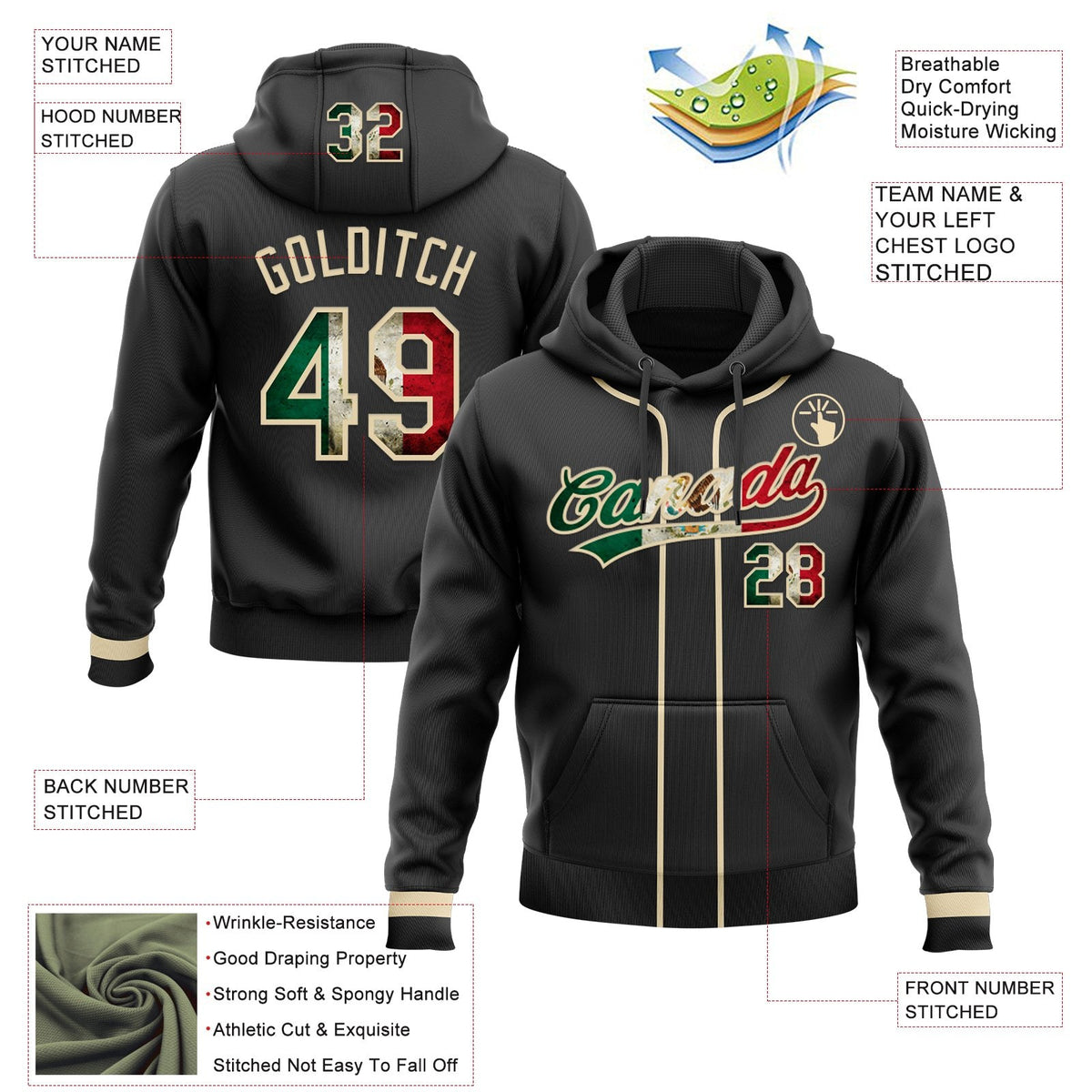 Custom Stitched Black Vintage Mexican Flag-Cream Baseball Pullover Sweatshirt Hoodie photo 2