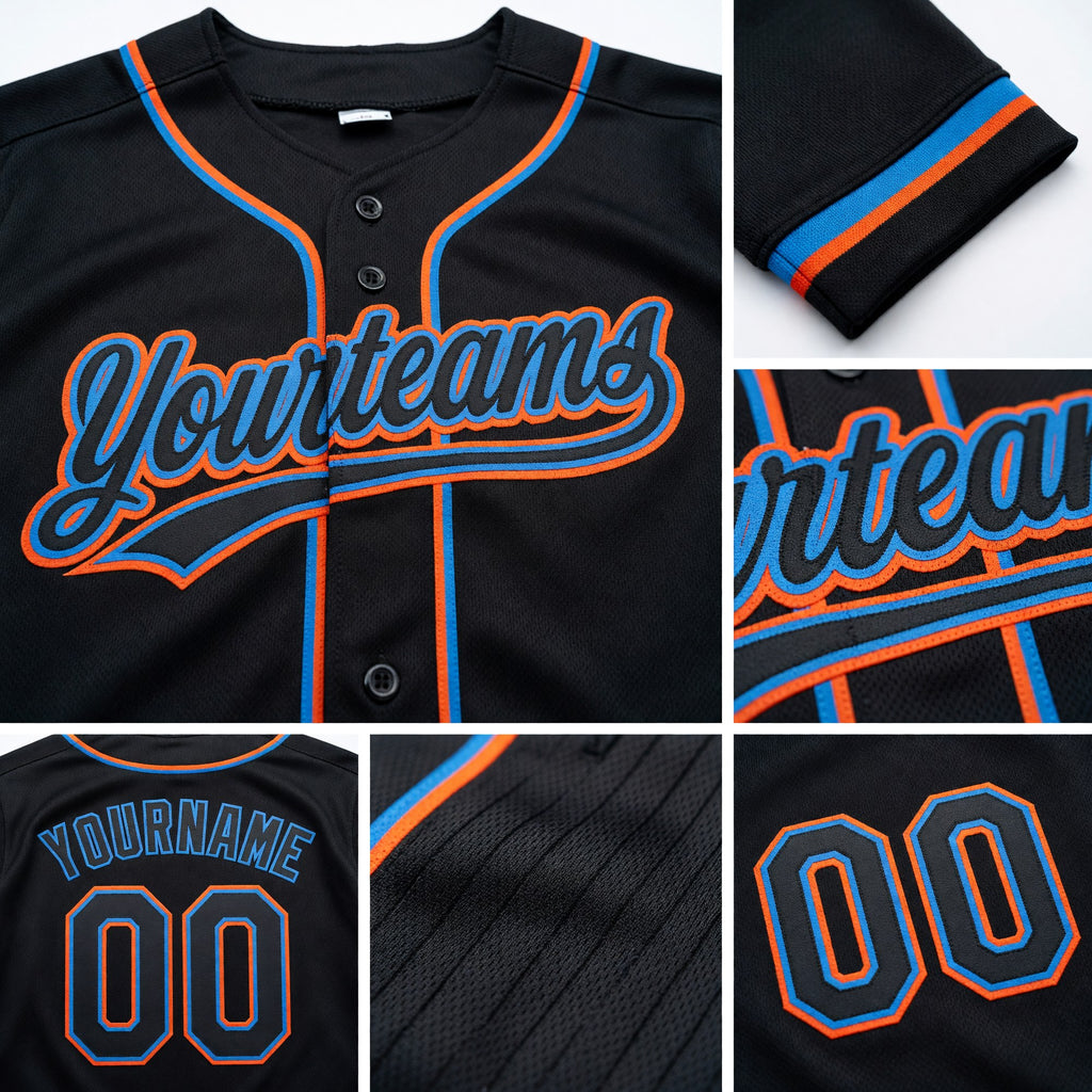 Custom Stitched Black Powder Blue-Orange Baseball Pullover Sweatshirt Hoodie detail