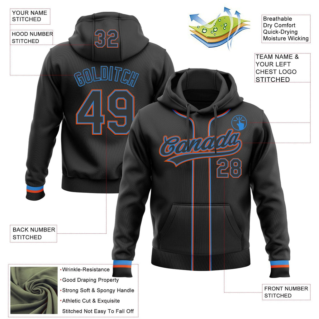 Custom Stitched Black Powder Blue-Orange Baseball Pullover Sweatshirt Hoodie photo 2