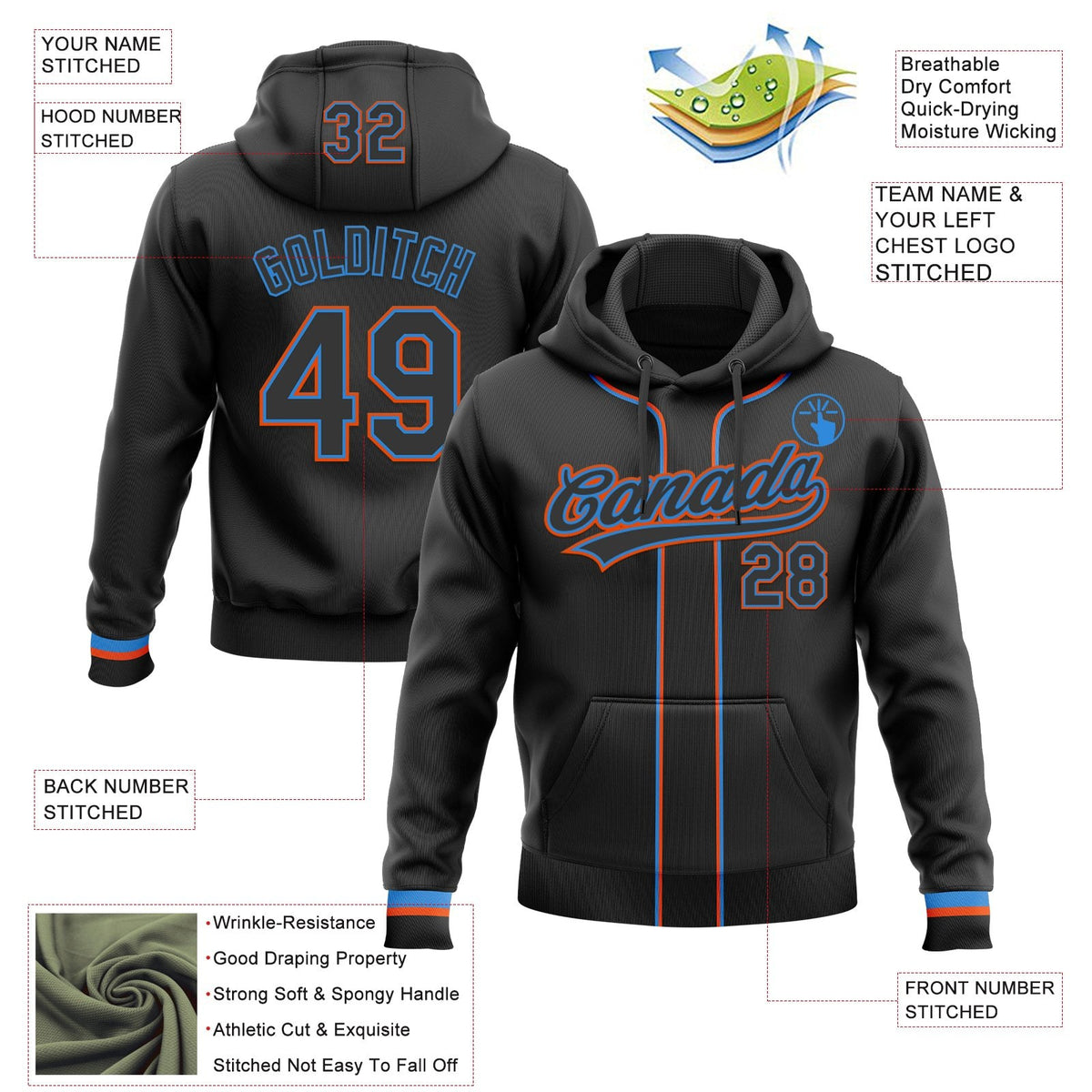 Custom Stitched Black Powder Blue-Orange Baseball Pullover Sweatshirt Hoodie photo 2