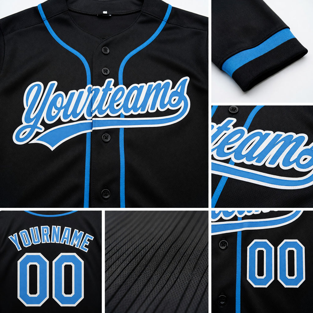 Custom Stitched Black Powder Blue-White Baseball Pullover Sweatshirt Hoodie detail