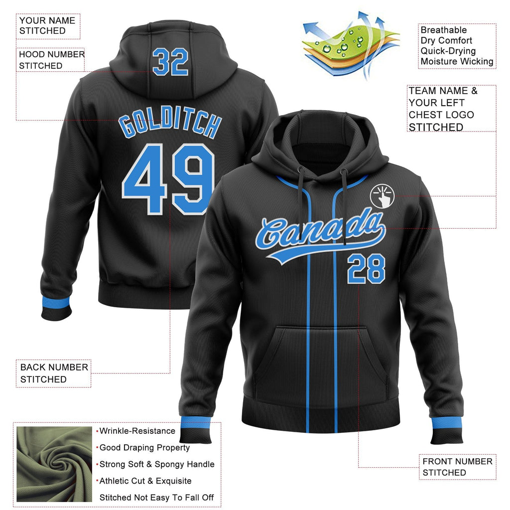 Custom Stitched Black Powder Blue-White Baseball Pullover Sweatshirt Hoodie photo 2
