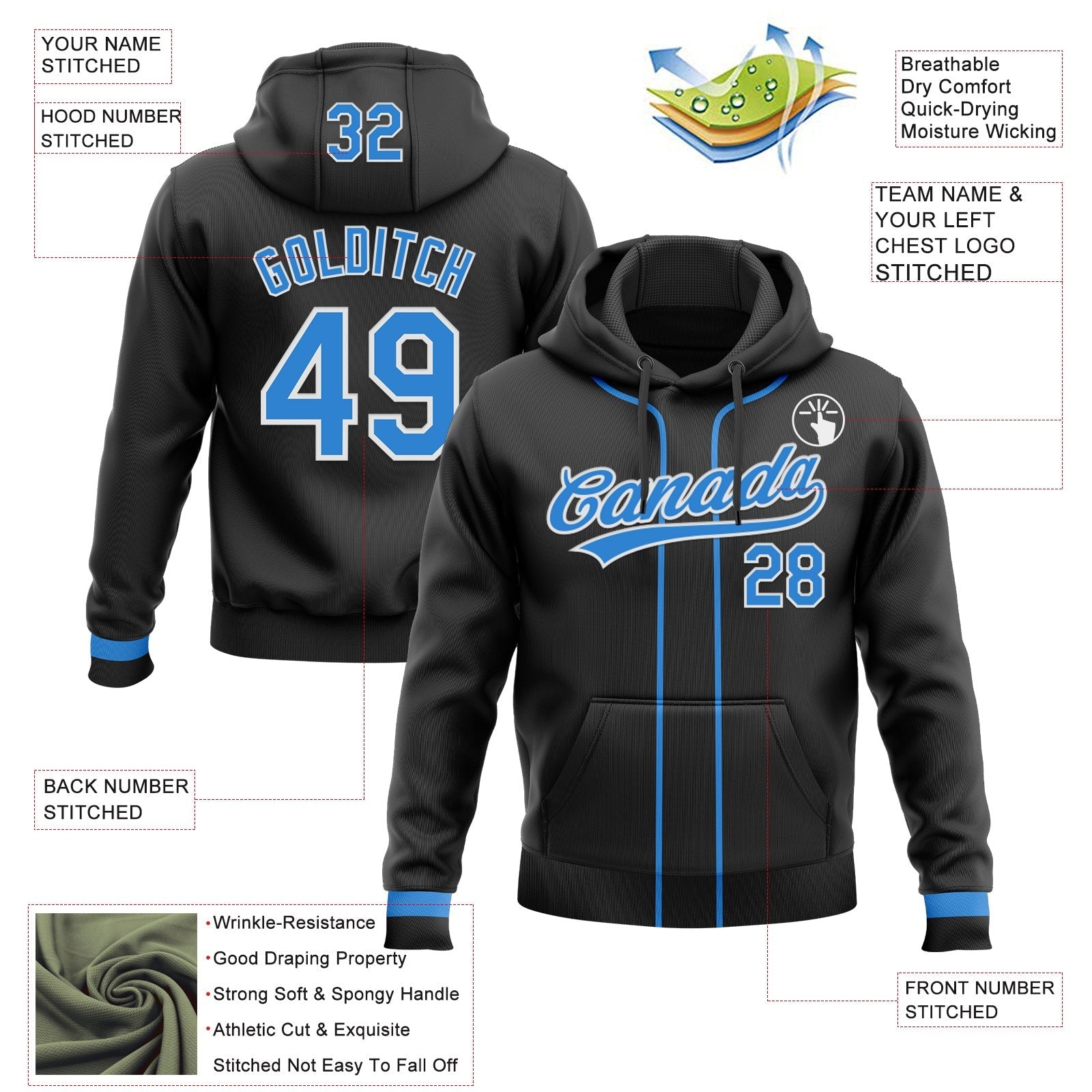 Custom Stitched Black Powder Blue-White Baseball Pullover Sweatshirt Hoodie photo 2
