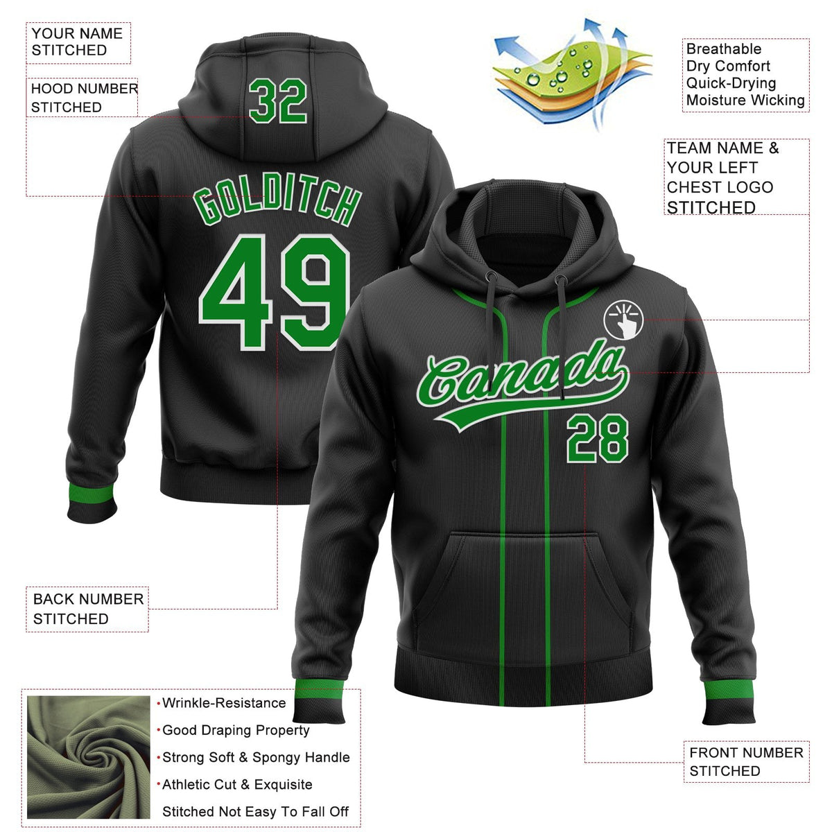 Custom Stitched Black Grass Green-White Baseball Pullover Sweatshirt Hoodie photo 2