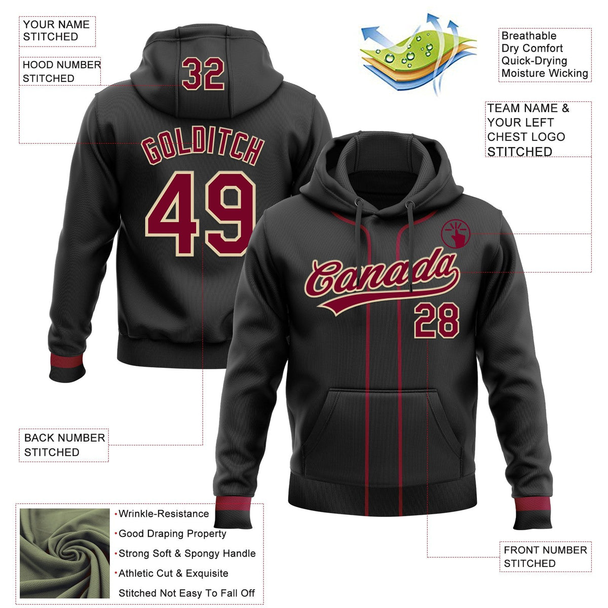 Custom Stitched Black Maroon-Cream Baseball Pullover Sweatshirt Hoodie photo 2