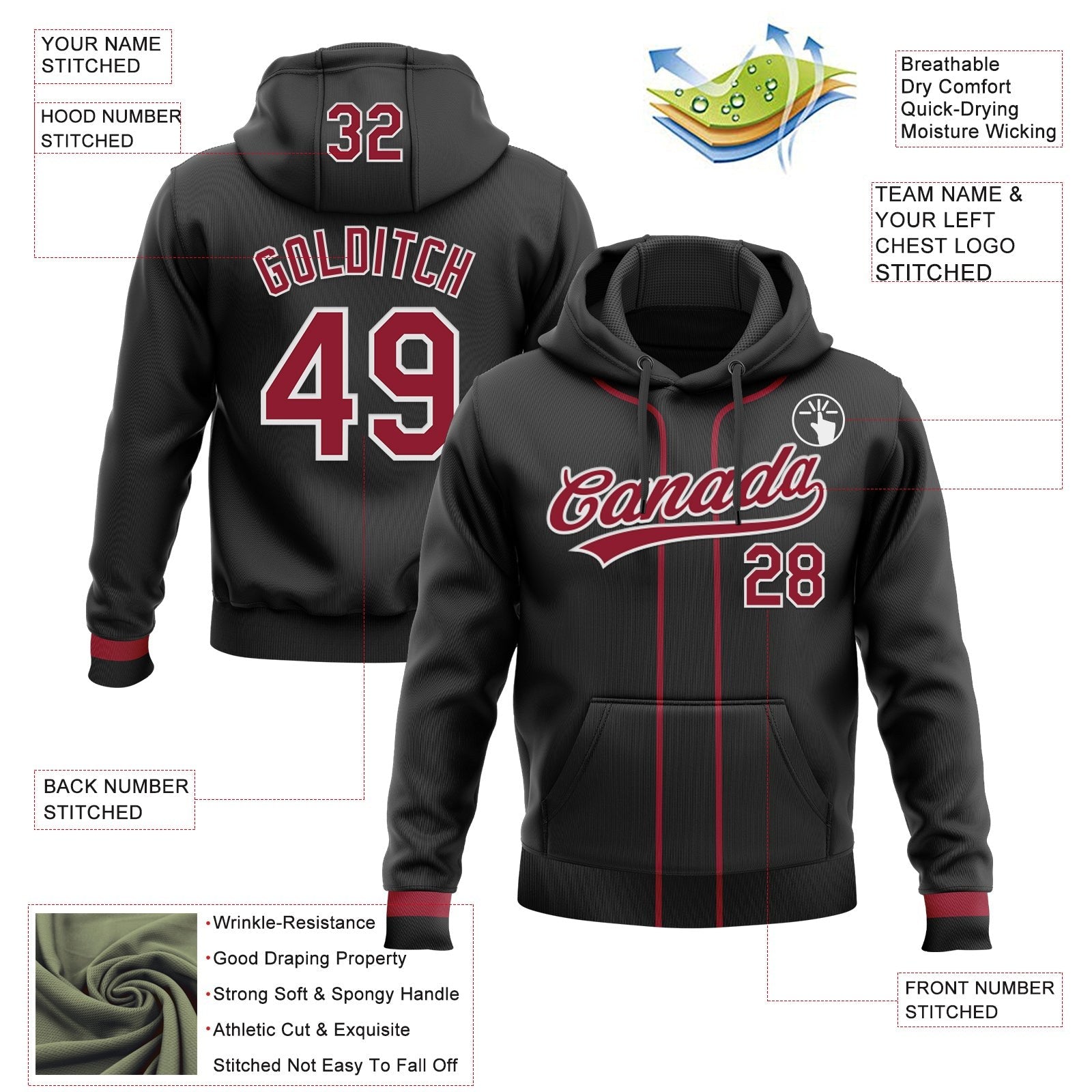 Custom Stitched Black Cardinal-White Baseball Pullover Sweatshirt Hoodie photo 2