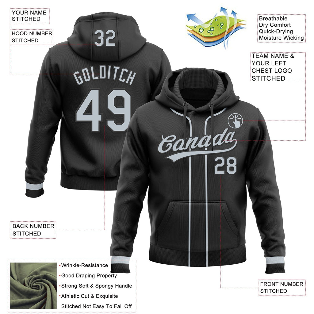 Custom Stitched Black Silver Baseball Pullover Sweatshirt Hoodie photo 2