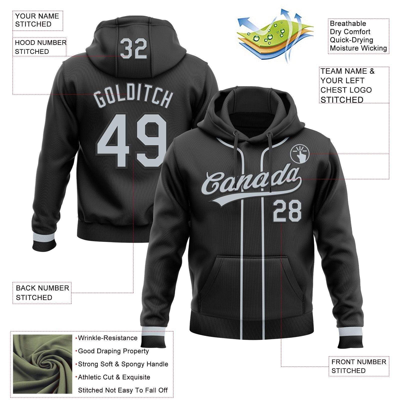 Custom Stitched Black Silver Baseball Pullover Sweatshirt Hoodie photo 2