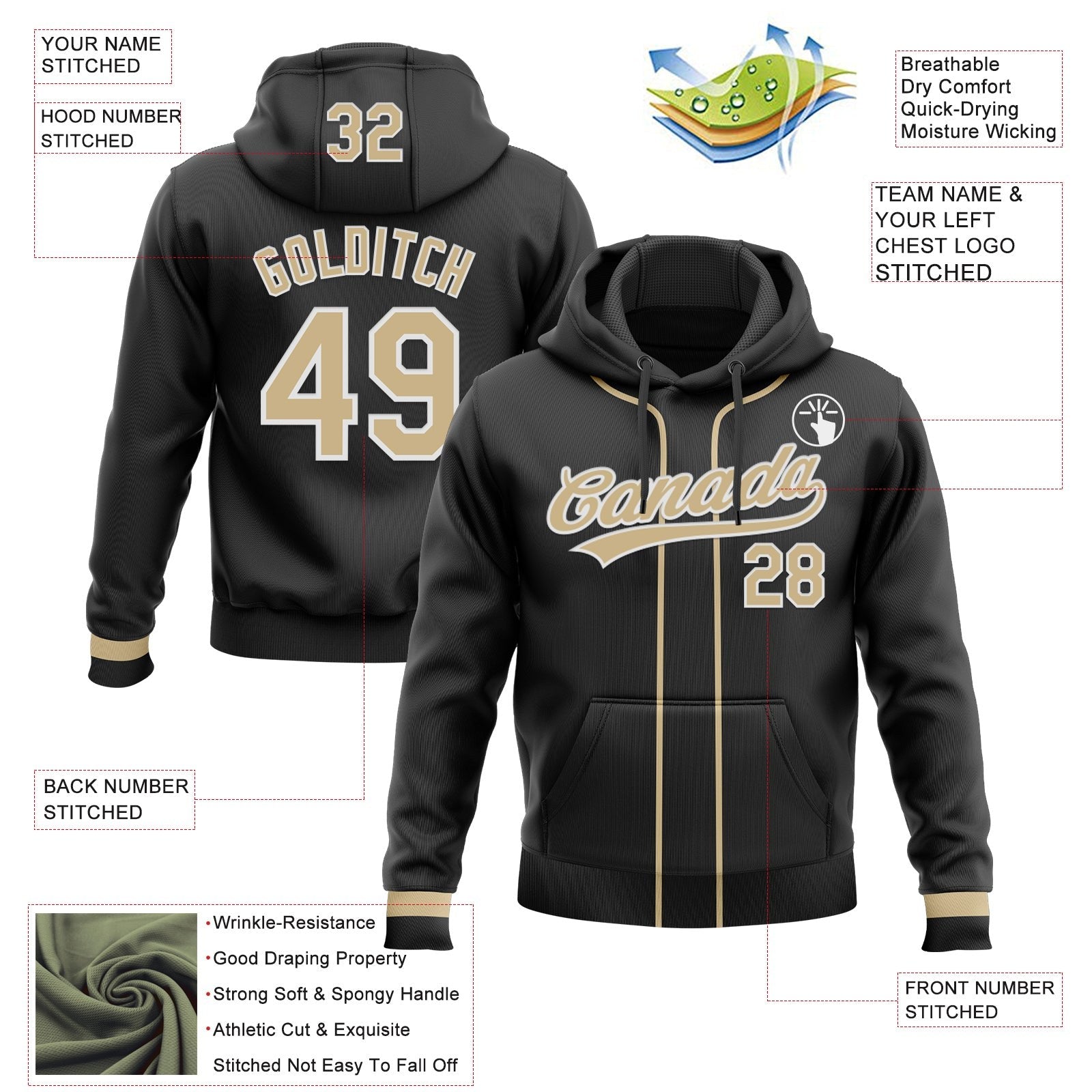 Custom Stitched Black Vegas Gold-White Baseball Pullover Sweatshirt Hoodie photo 2
