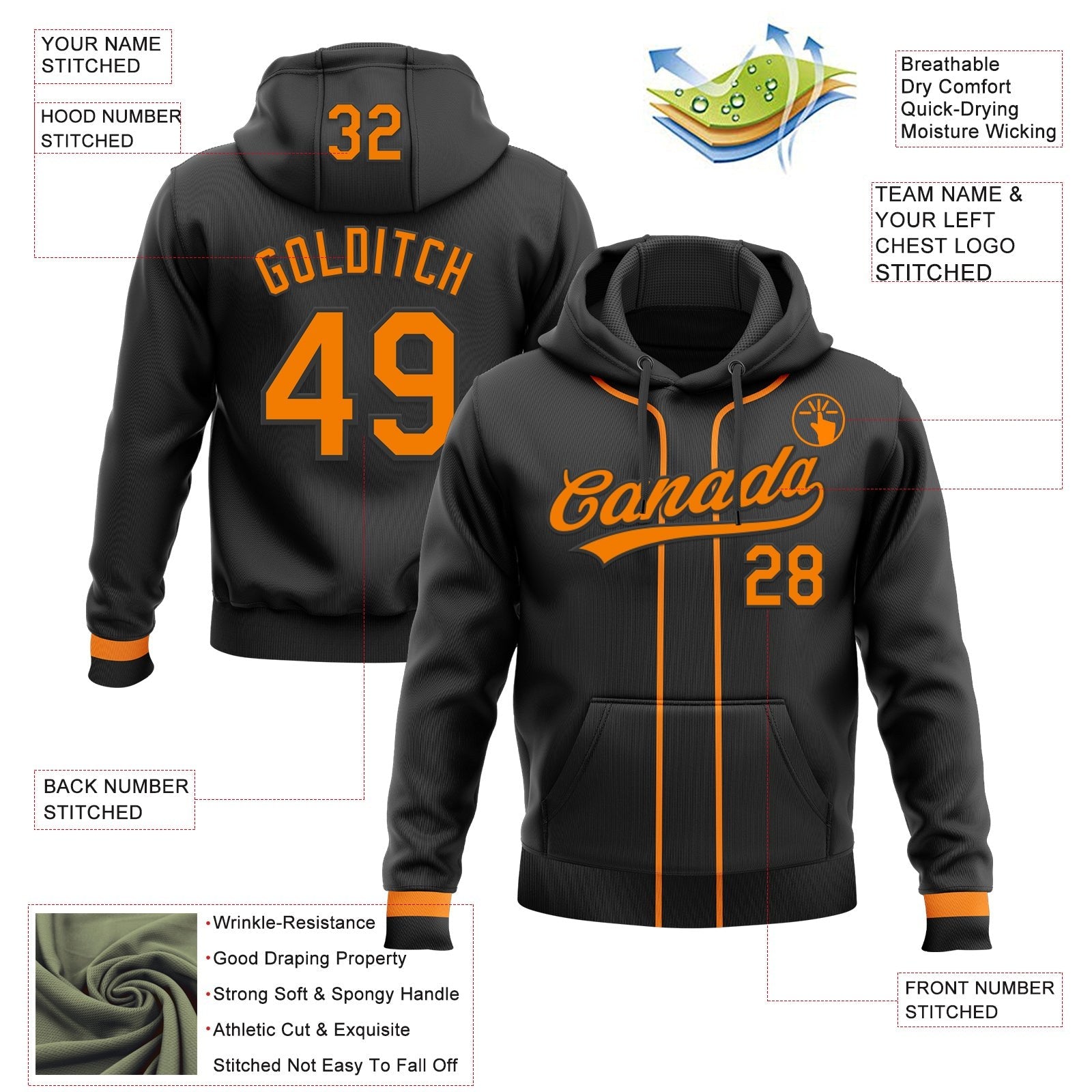 Custom Stitched Black Bay Orange Baseball Pullover Sweatshirt Hoodie photo 2