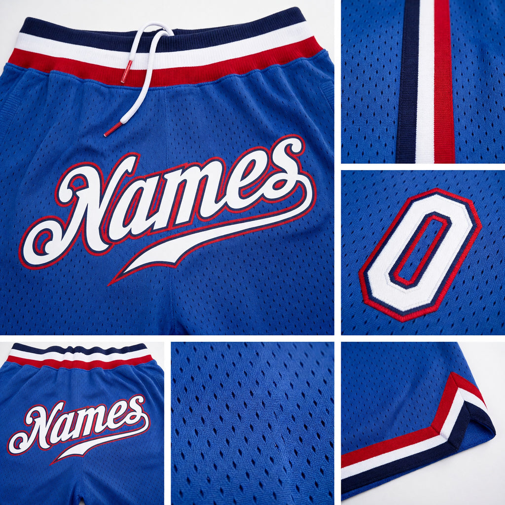Custom Blue White-Red Authentic Throwback Basketball Shorts detail