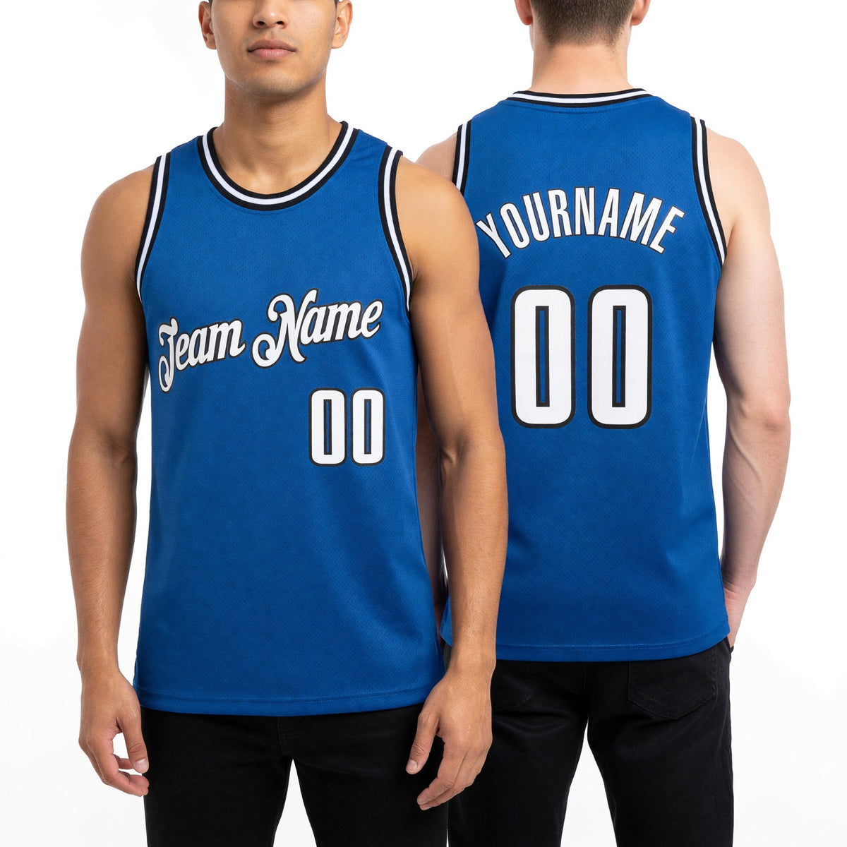 Custom Blue White-Black Authentic Throwback Basketball Jersey worn front and back
