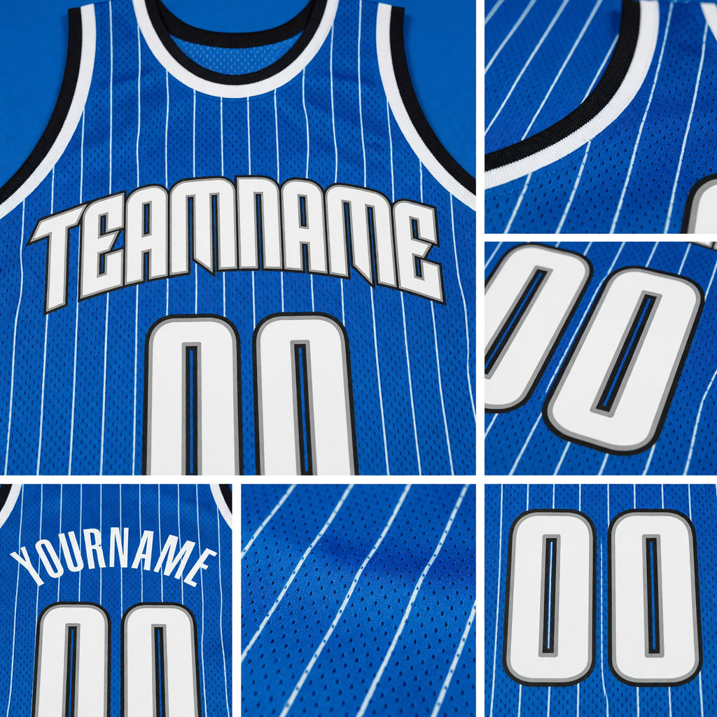 Custom Blue White Pinstripe White-Black Authentic Basketball Jersey detail