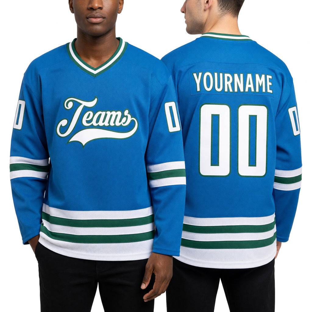 Custom Blue White-Kelly Green Hockey Jersey worn front and back