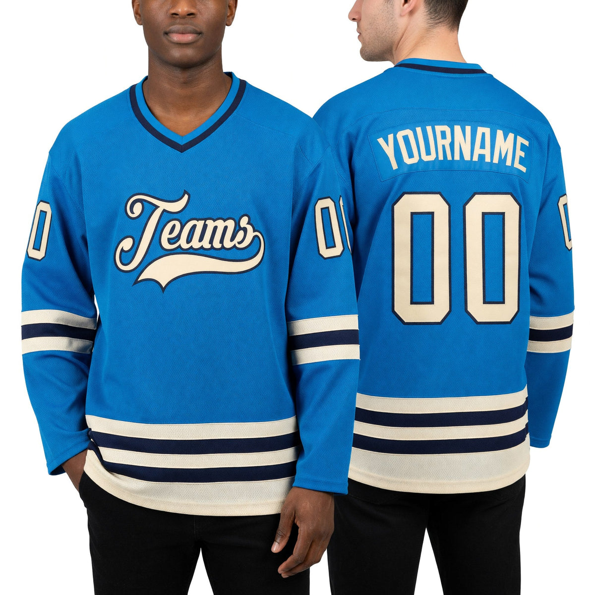 Custom Blue Cream-Navy Hockey Jersey worn front and back