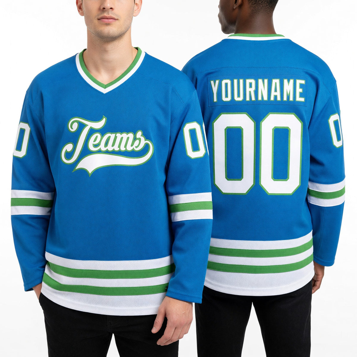 Custom Blue White-Neon Green Hockey Jersey worn front and back