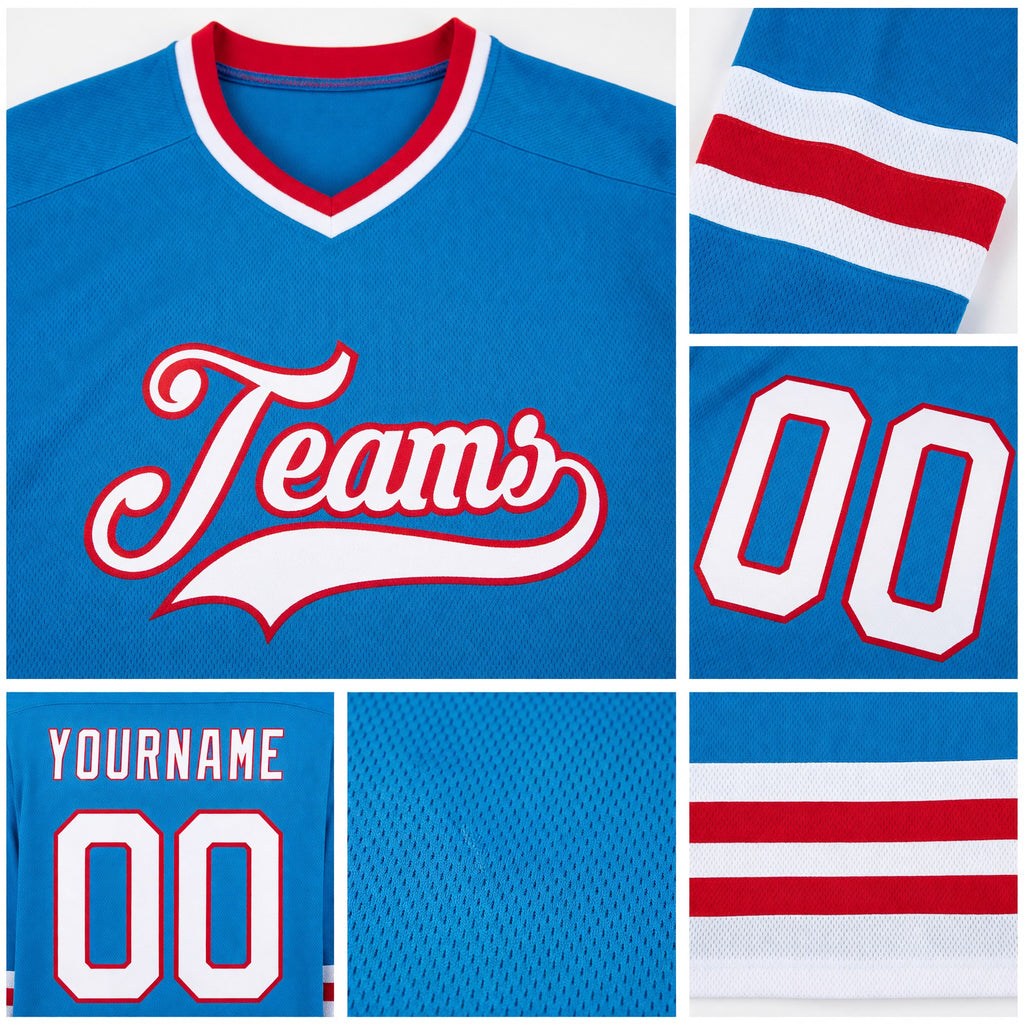 Custom Blue White-Red Hockey Jersey detail