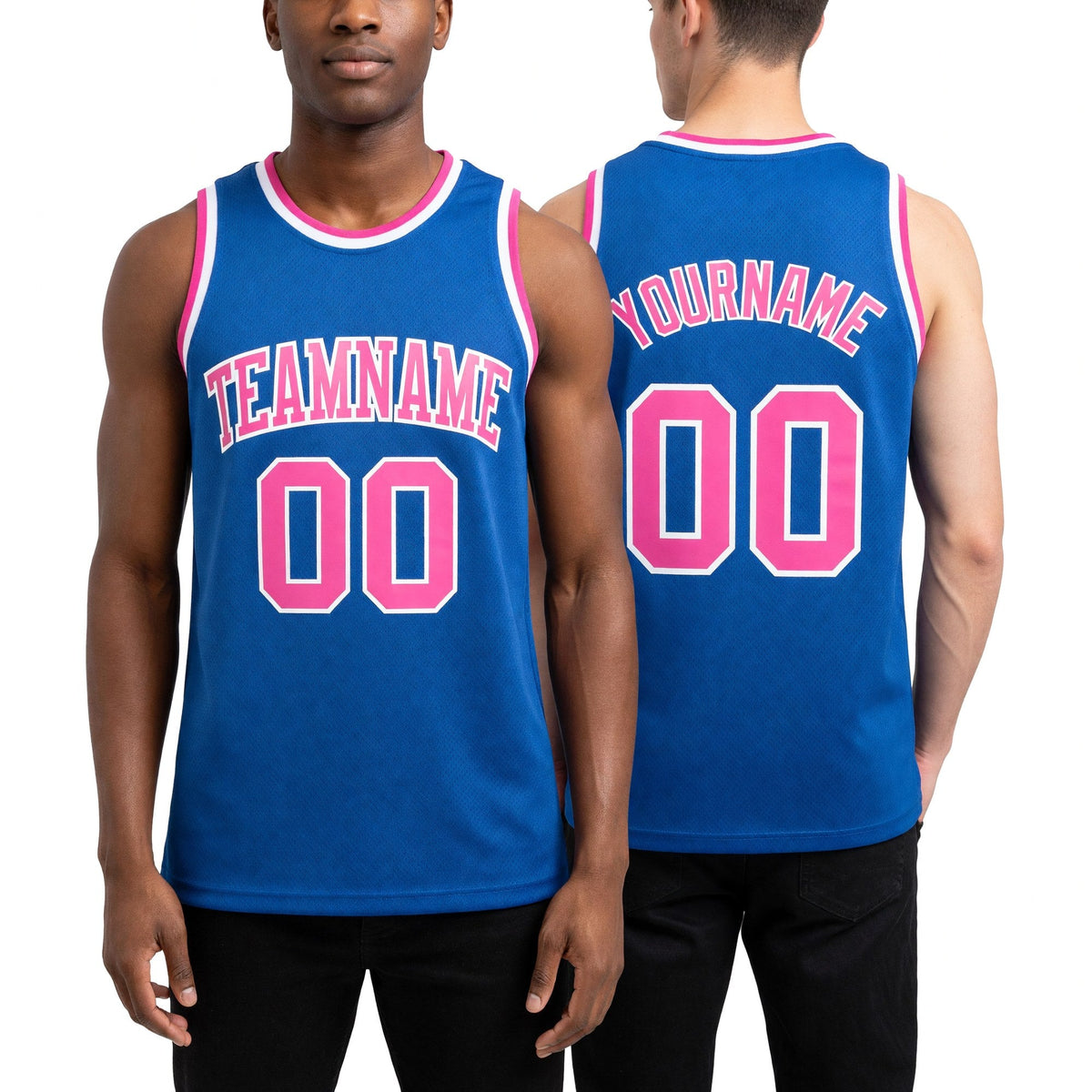 Custom Blue Pink-White Authentic Throwback Basketball Jersey worn front and back