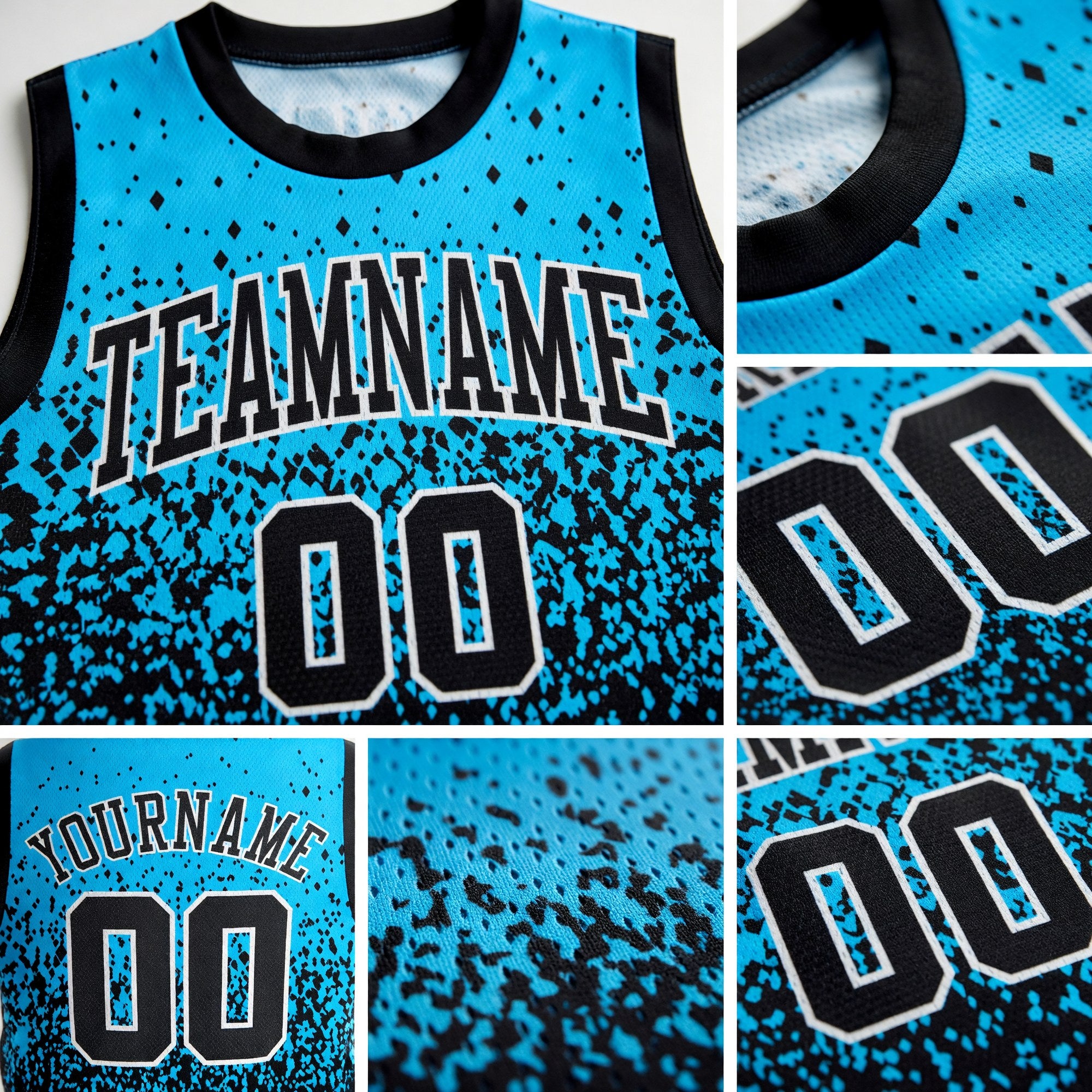 Custom Blue Black-White Round Neck Sublimation Basketball Uniform Jersey detail