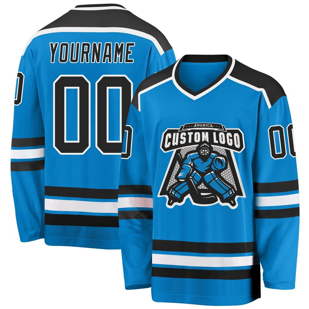 Custom Blue Black-White Hockey Jersey photo 1
