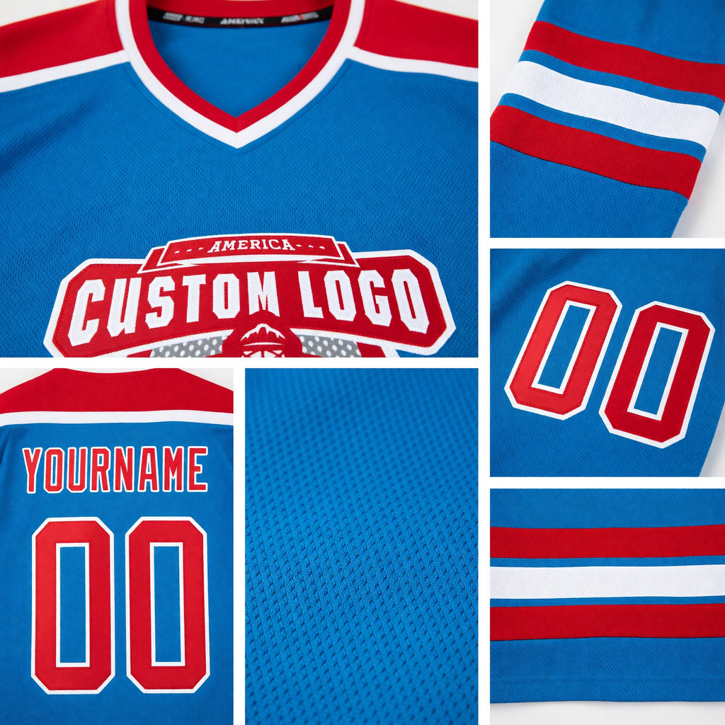 Custom Blue Red-White Hockey Jersey detail