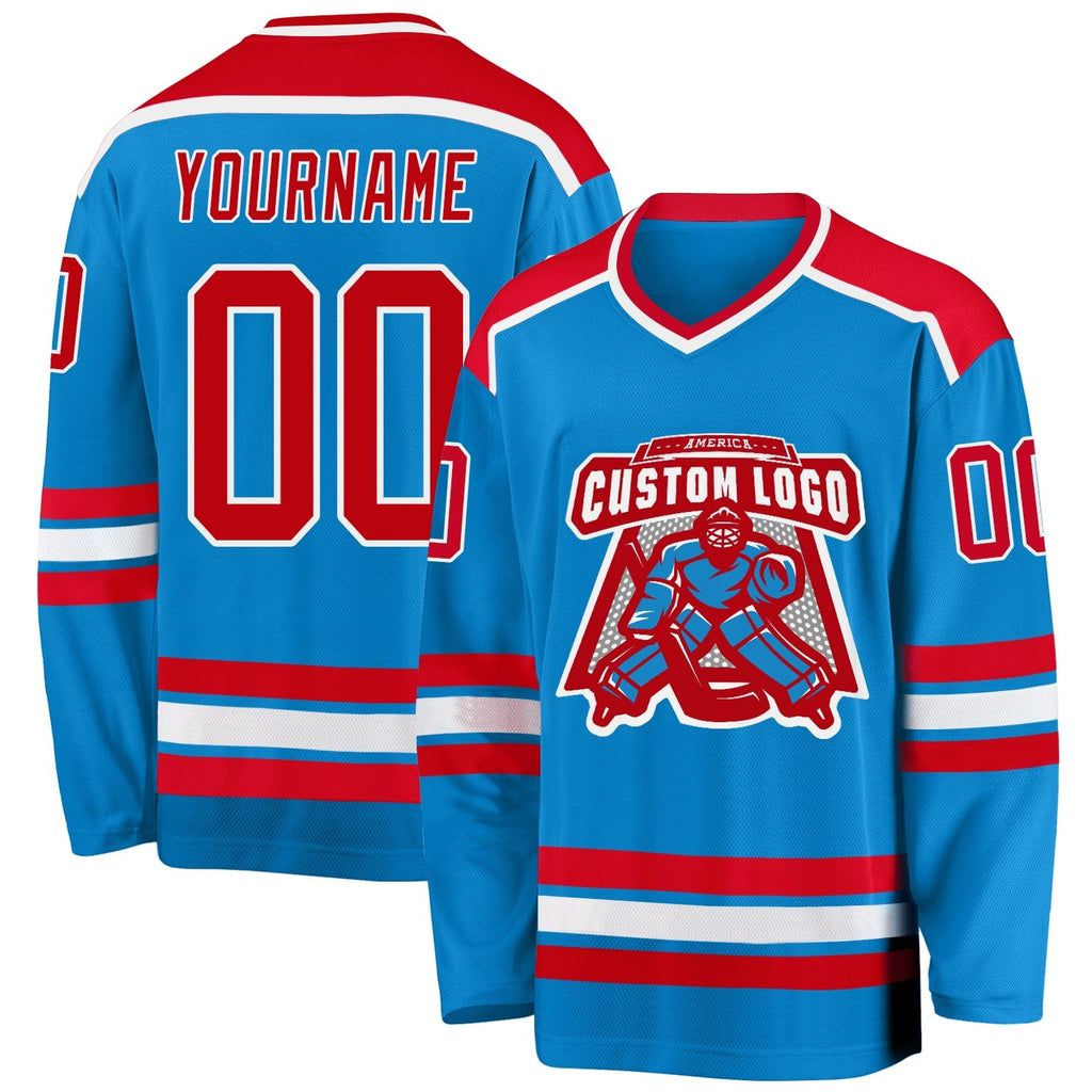 Custom Blue Red-White Hockey Jersey photo 1