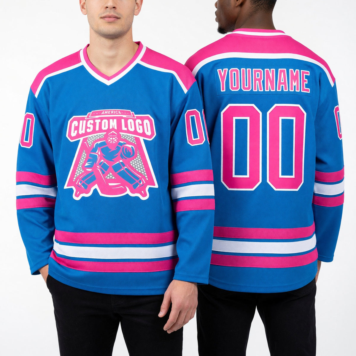 Custom Blue Pink-White Hockey Jersey worn front and back