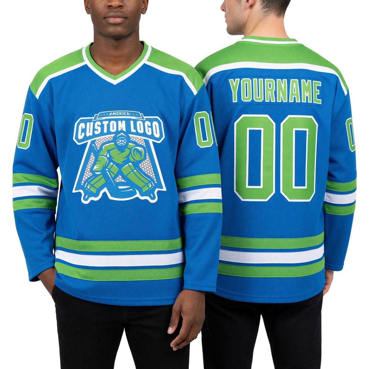 Custom Blue Neon Green-White Hockey Jersey worn front and back