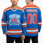 Custom Blue Orange-White Hockey Jersey worn front and back